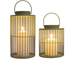 Anna Collection Windlicht/kaarsenhouder met LED kaars - 2x stuks - groen - buiten lantaarn - metaal