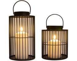 Anna Collection Windlicht/kaarsenhouder met LED kaars - 2x stuks - zwart - buiten lantaarn - metaal