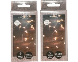 Anna's Collection Draadverlichting lichtsnoer - 2x - 40 led lampjes - warm wit - zilver draad - 200 cm - lichtdraad - kerstverlichting