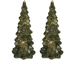 Anna's Collection Kerstboom beeldje - 2x - groen - met LED licht - 25 cm - glas - decoratie