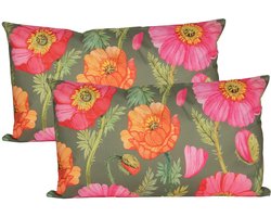 Anna's Collection Sierkussen voor binnen en buiten - 2x - klaprozen bloemen - groen/roze - 30 x 50 cm - tuinkussens