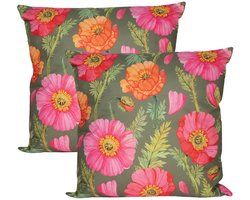 Anna's Collection Sierkussen voor binnen en buiten - 2x - klaprozen bloemen - groen/roze - 45 x 45 cm - tuinkussens