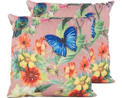 Anna's Collection Sierkussen voor binnen en buiten - 2x - vlinder - oud roze - 45 x 45 cm - tuinkussen