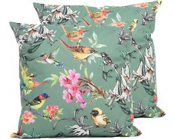 Anna's Collection Sierkussen voor binnen en buiten - 2x - vogels - donkergroen - 60 x 60 cm - tuinkussen