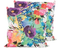 Anna's Collection Sierkussen voor binnen en buiten - 2x - watercolor bloemen - paars - 60 x 60 cm - tuinkussen