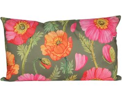 Anna's Collection Sierkussen voor binnen en buiten - klaprozen bloemen - groen/roze - 30 x 50 cm - tuinkussens