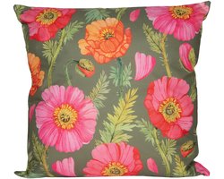 Anna's Collection Sierkussen voor binnen en buiten - klaprozen bloemen - groen/roze - 45 x 45 cm - tuinkussens