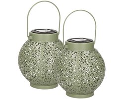 Anna's Collection Solar lantaarn - 2x - groen - metaal - D15 x H16 cm - tafellamp