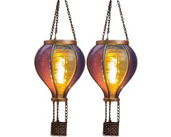 Anna's Collection Solar luchtballon lantaarn - 2x - blauw - hangend - 20 led lampjes - vlam effect - 11 x 36 cm - zonne-energie - tuinverlichting