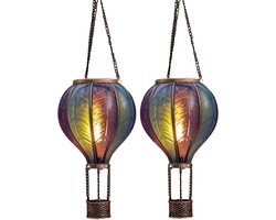 Anna's Collection Solar luchtballon lantaarn - 2x - blauw - hangend - 20 led lampjes - vlam effect - 14 x 45 cm - zonne-energie - tuinverlichting