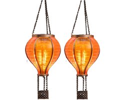 Anna's Collection Solar luchtballon lantaarn - 2x - geel/oranje - hangend - 20 lampjes - vlam effect - 11 x 36 cm - zonne-energie - tuinverlichting