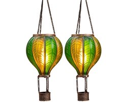 Anna's Collection Solar luchtballon lantaarn - 2x - groen - hangend - 20 led lampjes - vlam effect - 14 x 45 cm - zonne-energie - tuinverlichting