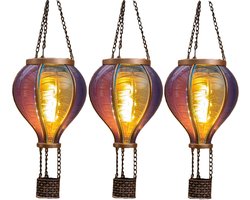 Anna's Collection Solar luchtballon lantaarn - 3x - blauw - hangend - 20 led lampjes - vlam effect - 11 x 36 cm - zonne-energie - tuinverlichting