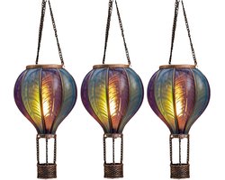 Anna's Collection Solar luchtballon lantaarn - 3x - blauw - hangend - 20 led lampjes - vlam effect - 14 x 45 cm - zonne-energie - tuinverlichting