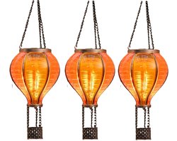 Anna's Collection Solar luchtballon lantaarn - 3x - geel/oranje - hangend - 20 lampjes - vlam effect - 11 x 36 cm - zonne-energie - tuinverlichting