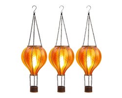 Anna's Collection Solar luchtballon lantaarn - 3x - geel/oranje - hangend - 20 lampjes - vlam effect - 14 x 45 cm - zonne-energie - tuinverlichting