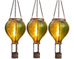 Anna's Collection Solar luchtballon lantaarn - 3x - groen - hangend - 20 led lampjes - vlam effect - 11 x 36 cm - zonne-energie - tuinverlichting
