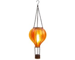 Anna's Collection Solar luchtballon lantaarn - geel/oranje - hangend - 20 led lampjes - vlam effect - 14 x 45 cm - zonne-energie - tuinverlichting
