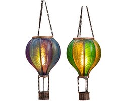 Anna's collection Solar luchtballon lantaarn set - groen - hangend - 12 led lampjes - vlam effect - 11 x 36 cm