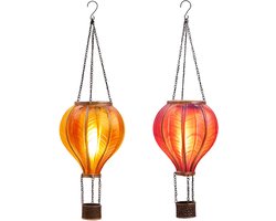 Anna's collection Solar luchtballon lantaarn set - oranje - hangend - 20 led - 14 x 45 cm - vlam effect - 14 x 45 cm