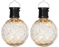 Anna's Collection Solar sfeer hanglamp - 2x - tuin - lampenbol - bewerkt glas - zwart - 11 cm - ophang haakje - solarverlichting