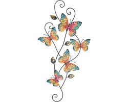 Anna's Collection Tuindecoratie vlinders - 3D - gekleurd - 35 x 68 cm - metaal - muur/schutting decoratie - tuinvlinders - muurvlinders