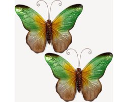 Anna's Collection Wand decoratie vlinder - 2x - groen - 32 x 24 cm - metaal - muurdecoratie