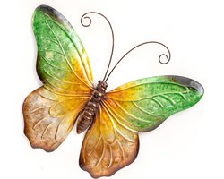Anna's Collection Wand decoratie vlinder - groen - 44 x 32 cm - metaal - muurdecoratie/schutting - buiten - tuinbeelden van dieren