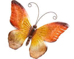 Anna's Collection Wand decoratie vlinder - oranje - 44 x 32 cm - metaal - muurdecoratie/schutting - buiten - tuinbeelden van dieren