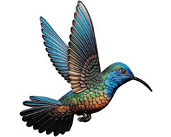 Anna's Collection Wanddecoratie Kolibrie vogel - kleurenmix - 39 cm - metaal - muurdecoratie/schutting/tuin - buiten - tuinbeelden van dieren