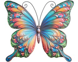 Anna's Collection Wanddecoratie vlinder - blauw/roze/groen - 29 x 32 cm - metaal - muur/schutting/tuin - buiten - tuinbeelden van dieren - tuinvlinders