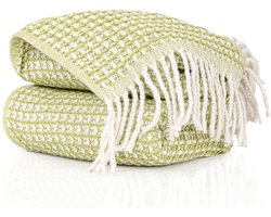ANRO Plaid Emma Groen 150x200cm – Woondeken Bankdeken Katoenmix Met Franjes Sprei Woonkamer