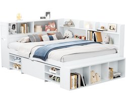 ANTCOOL 140*200 cm, eenpersoonsbed, multifunctioneel eenpersoonsbed met laden, planken en opbergkasten, grote opbergruimte, lattenbodem, zonder matras, wit