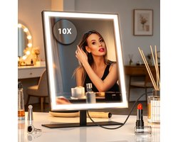 ANTENLICHT Make Up Spiegel met LED Verlichting - 34x25CM - 10x Vergroting - Vergrootspiegel met Licht - Oplaadbaar - Scheerspiegel - Badkamerspiegel - Zwart