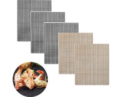 Anti-aanbak, BBQ, mesh, herbruikbaar, teflon, grillmat, grillmat, magische grillmat voor grillen, koken, bakken, 40 x 33 cm, 40 x 30 cm, 5 stuks