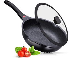 Anti-Kras glazen Deksel - 28cm diepe saute pan duitse Greblon steen coating - Inductie koekenpan chemisch vrij - koekenpan - saute pan - inductie pan - Greblon coating - Black