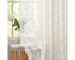 Antieke kanten gordijnen van 213 cm lang – Victoriaans bloemenpatroon, crèmekleurige doorschijnende gordijnpanelen voor woonkamer, slaapkamer en Franse deuren, lichtfilterende gordijnen, set van 2 panelen van 132 cm breed × 213 cm lang, crème