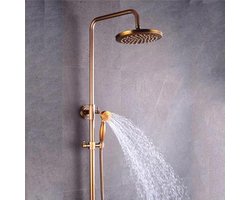 Antieke koperen doucheset, rond, wandmontage, badkamerdouchesysteem met badkraan, douchekop, regendouche en handdouche, verstelbare douchestang, brons, retrostijl