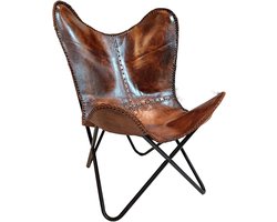 Antieke Leren Vlinderstoel Opvouwbaar voor Woonkamer en Ontspanning