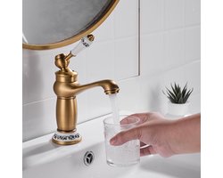 Antieke messing kraan - Warm en koud - Koper - Blauw en wit porseleinen badkamerkraan - Messing