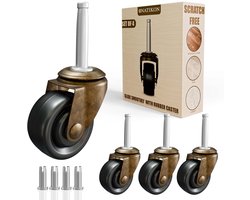 Antieke messing wielen met rubberen wielen, 4,8 cm steelwielen, vervanging voor stoelen, banken, dressoirs, vintage meubelwielen voor hardhouten vloeren, verpakking van 4