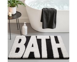 Antislip badkamermat met rubberen antislip laag aan de achterzijde, extra zachte absorberende badmat, wasbaar in de machine, moderne stijl, sneldrogend, geschikt voor douches, badkuipen en wastafels, afmetingen: 40 x 60cm met tekst in zwart en wit