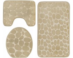 Antislip Badkamermatten Set 3-Delig – Crème 3D Stone Look Polyester Badmat & WC-Mat Set Met Veilige Grip