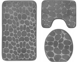 Antislip Badkamermatten Set 3-Delig – Grijze 3D Stone Look Polyester Badmat & WC-Mat Set Met Veilige Grip
