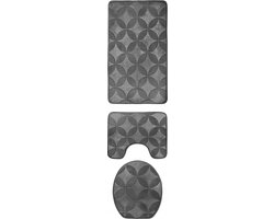 Antislip Badkamermatten Set 3-Delig – Grijze Polyester Badmat & WC-Mat Set Met Veilige Grip