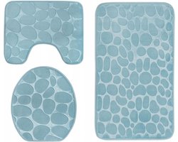 Antislip Badkamermatten Set 3-Delig – Turquoise 3D Stone Look Polyester Badmat & WC-Mat Set Met Veilige Grip