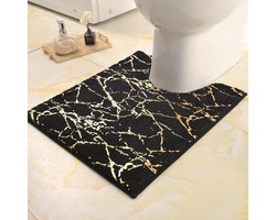 Antislip Badmat Met Uitsparing - Wasbare Zachte Microvezel in Zwart en Goud - Luxueuze Decoratieve Wc-Mat 50 x 60 cm