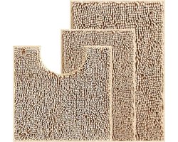 Antislip Badmatset 3 Stuks - Zachte, Waterabsorberende Chenille Badmatten voor Badkamer en Toilet - Machinewasbaar Kameelkleuren