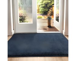 Antislip deurmat voor binnen en buiten, super absorberend entreetapijt, machinewasbaar, zachte vloermat, blauw-zwart, 90 x 150 cm