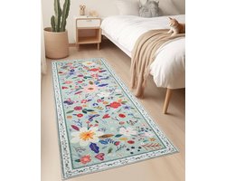 Antislip tapijtloper met bloemen - machinewasbaar - 1 stuk - wol - 60 x 182 cm